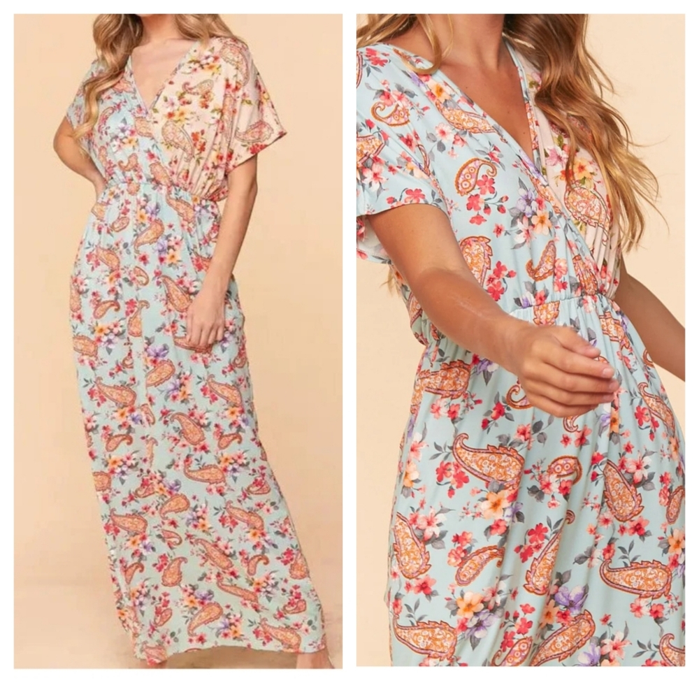 23 Blue & peach boho paisley floral print surplice faux wrap waist maxi dress